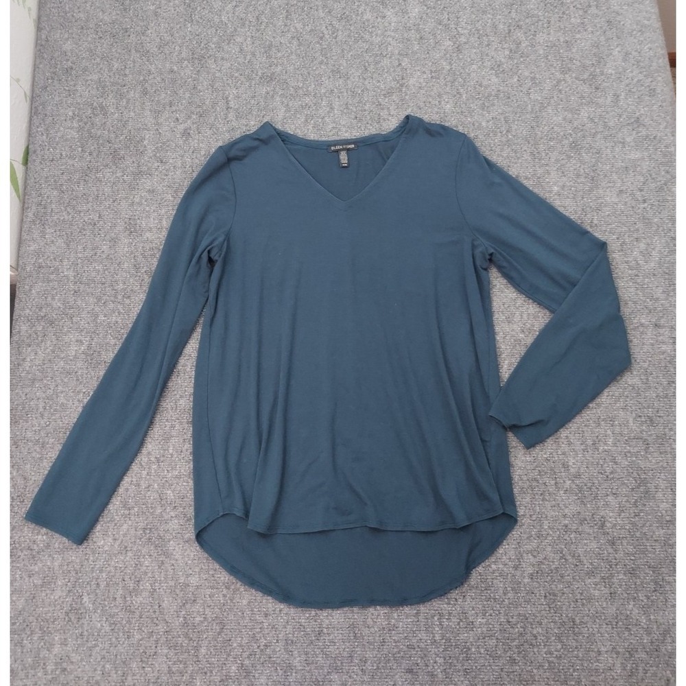 Eileen Fisher Top‎ Womens Medium Blue V Neck Tencel Soft Flowy Long Sleeve Tunic